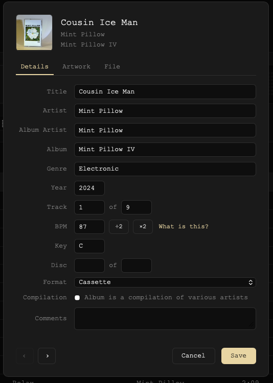 A track's info panel showing BPM, key and format